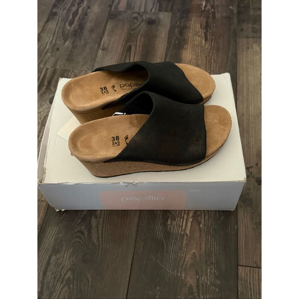 Papillio by Birkenstock Namika Black Leather Cork Wedge Slide Sandals Size 7 (38 - Picture 3 of 7